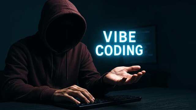 Hooded man in maroon hoodie holding glowing holographic text vibe coding in dark room, showing script runner and digital focus in digital security concept - Powered by Adobe