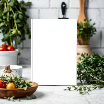 Blank white book cover mock-up on an italian kitchen table surrounded by fresh herbs and italian ingredients front view with space for text or design book mockup Ultra realistic Photorealistic 