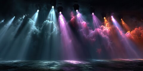 Dynamic rays of colorful light create a captivating atmosphere in a dark space during an entertainment event