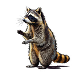 Obraz premium Illustrated standing raccoon with raised paw on transparent background