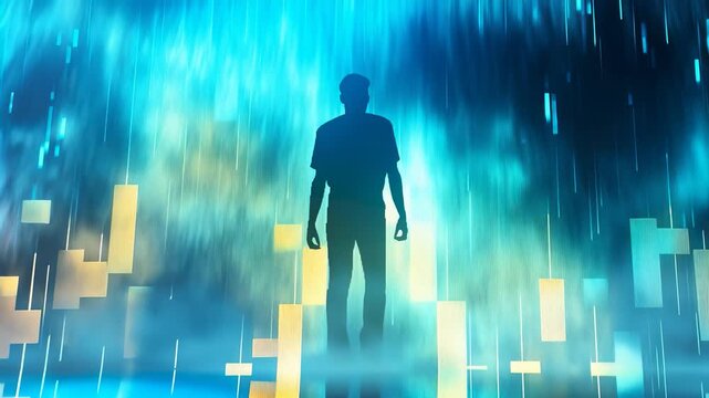 A silhouetted figure stands amidst a backdrop of ethereal light patterns, representing themes of mystery, identity, and the intersection of technology and humanity.