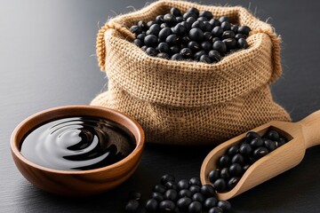 Organic Black Soybeans in Burlap Bag and Wooden Scoop
