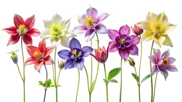 Delicate columbine flowers in a variety of colors arranged on a white background