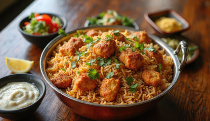 Delicious Biryani with Crispy Fried Chicken or Vegetable Balls, Ready to Serve