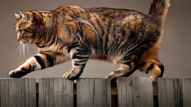 A curious tabby cat carefully balances itself while walking along a rustic wooden fence, showcasing its agility and grace in a calm, serene setting.