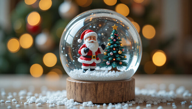 Santa Claus and Christmas Tree Inside a Snow Globe with Festive Lights - Powered by Adobe
