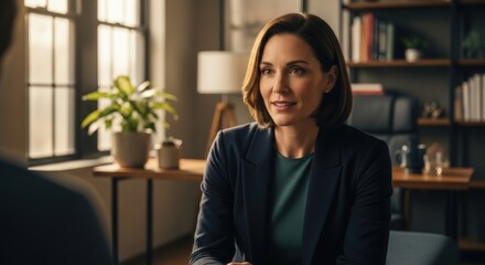 Woman in suit listens to someone in office setting