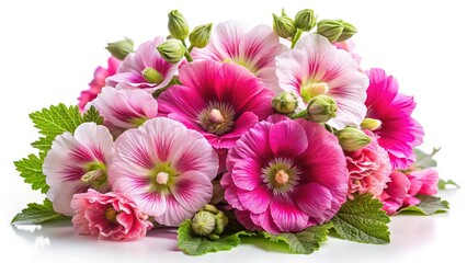 Beautiful bouquet of pink and white Hollyhock flowers against white background