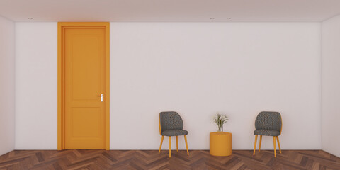 3d Render Yellow Door and Armchairs in a Modern Minimalist Room. 10
