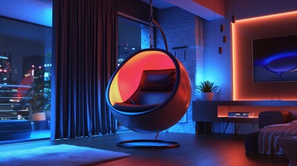hanging pod chair with ambient lighting in modern home