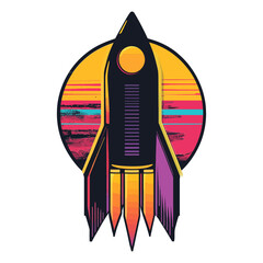 A retro-style vector illustration of a rocket launching against a sunset or sunrise. This image is suitable for websites and blogs about technology, space exploration, startups, or growth.

