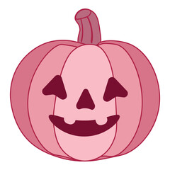 PrintCute pink smiling pumpkin illustration in Halloween theme. Friendly jack-o’-lantern with happy face, isolated on white background. Perfect for kids girls designs, party decor, and autumn graphics