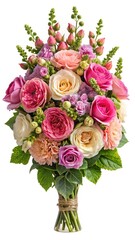 Obraz premium Elegant Bouquet of Roses and Carnations with Green Accents on White Background