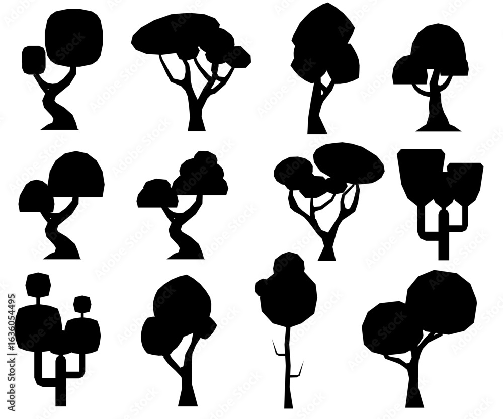 Poster black tree silhouettes stand in symmetrical patterns on a crisp white background, creating striking 