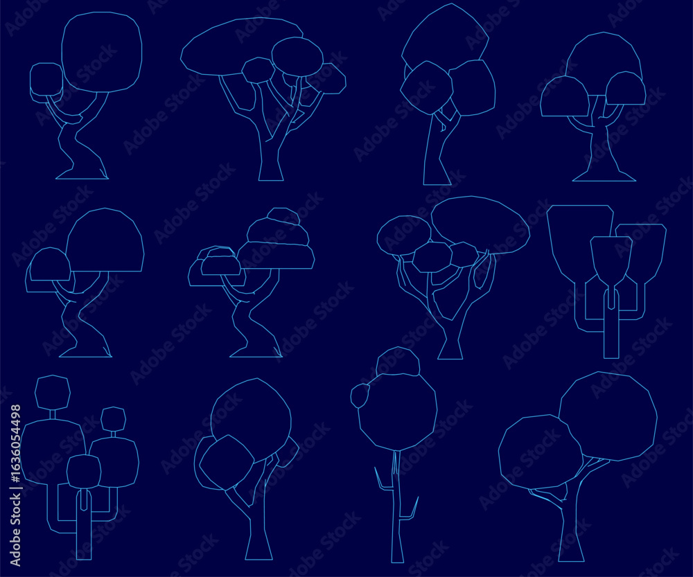 Poster a set of trees with white contours stands out against a vibrant blue background. the symmetrical arr