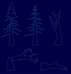 Detailed tree contours with unique shapes and textures stand out against a solid blue background. The white sketched trees create a striking contrast, ideal for nature-themed designs.