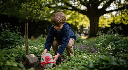 Young boy places painted stone by a tree in a green garden