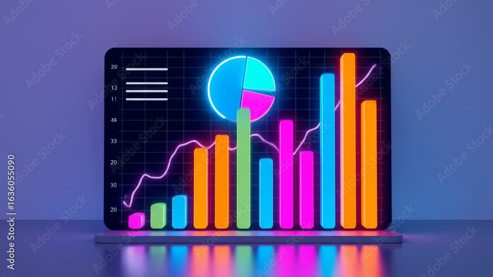 Poster dynamic neon data charts with bar graphs and pie charts illustration