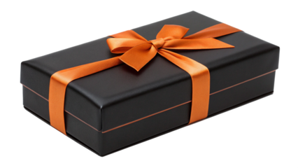 Black gift box with orange ribbon and bow, isolated on transparent background