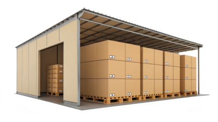 Warehouse with stacks of cardboard boxes on pallets, isolated on transparent background