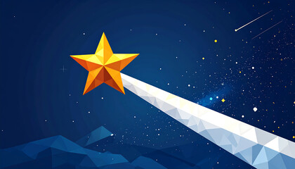 Obraz premium A brilliant golden star ascends into the night, leaving a faceted white trail across a starry blue sky.