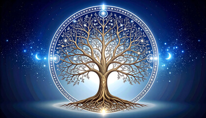 A luminous Tree of Life with intricate branches and roots, framed by a celestial mandala against a starry night sky.