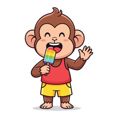 Cartoon Monkey Enjoying Rainbow Popsicle Summer Fun Character Design Illustration