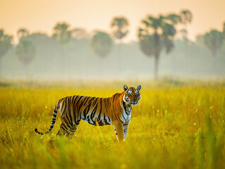 Fototapeta premium Majestic bengal tiger standing proudly in a lush green field at sunrise