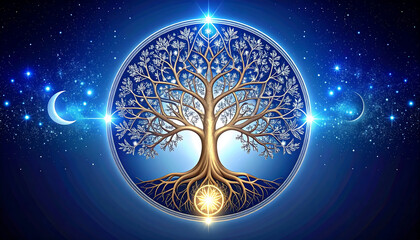 A luminous golden Tree of Life is centered in a circle against a starry cosmic background with two crescent moons.