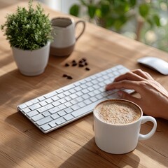 Close-up Hands Typing on White Keyboard with Coffee Cup on Wooden Desk