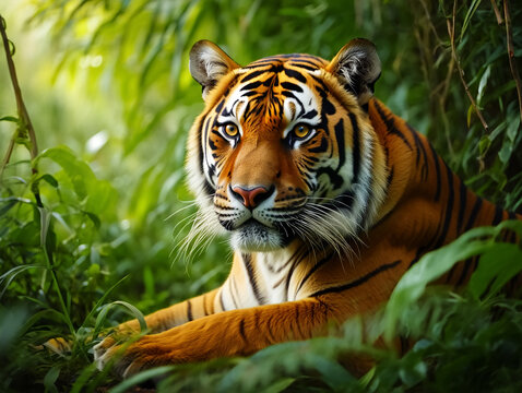 Magnificent bengal tiger resting peacefully amidst lush green jungle foliage sunlight filtering through leaves - Powered by Adobe