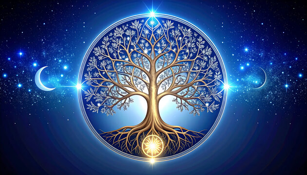 A luminous golden Tree of Life is centered in a circle against a starry cosmic background with two crescent moons.