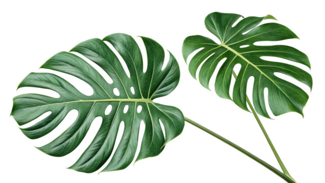 Two large green monstera deliciosa leaves isolated on transparent background