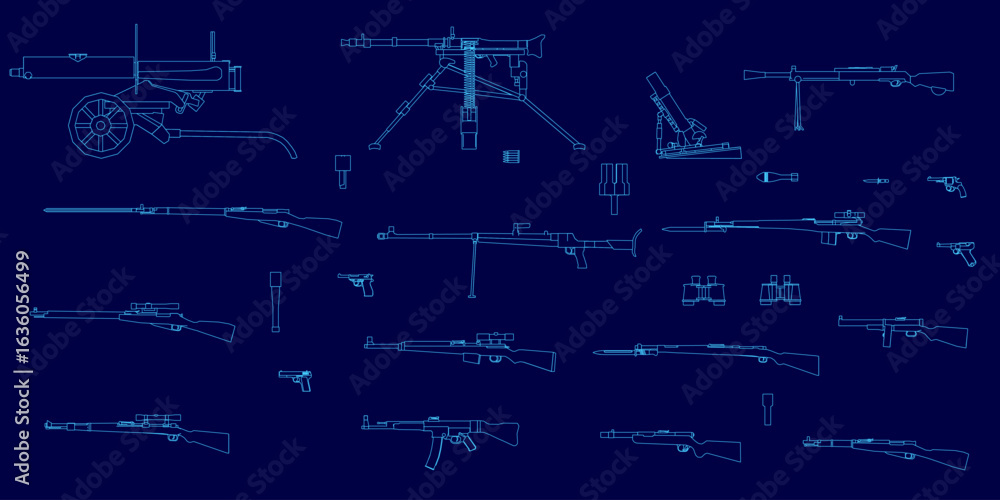 Aufkleber a detailed blueprint of a machine gun on a blue background highlights intricate weapon contours and 