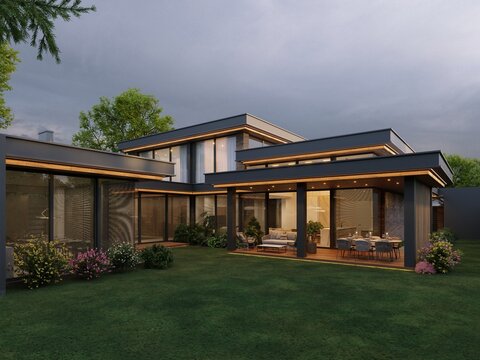 3D visualization of a modern house with an inner courtyard