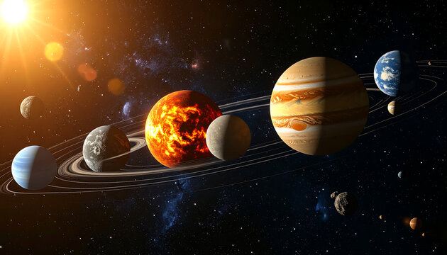 The planets of the solar system aligned in orbit around the bright sun in deep space. - Powered by Adobe