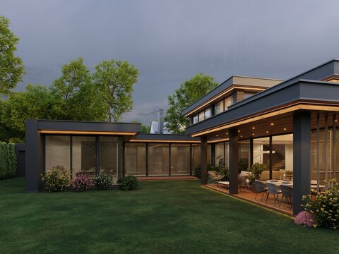 3D visualization of a modern house with an inner courtyard