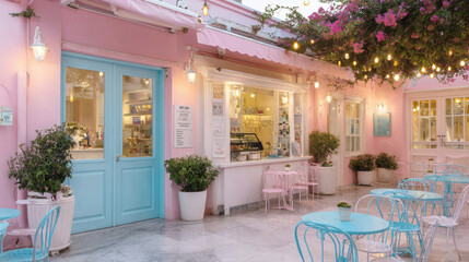 Fototapeta premium A beautiful and charming outdoor cafe or pastry shop with a pink and light blue facade. It features an outdoor seating area with small tables, lanterns, and a display window