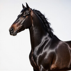 Obraz premium Majestic Horse in Profile: A stunning, dark-coated horse with a sleek, gleaming coat and a proud, alert expression. Captured in a studio setting with a clean background.