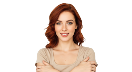 Junge Frau mit leuchtend rotem, welligem Haar, transparenter Hintergrund, PNG