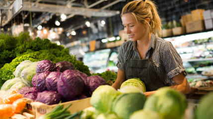 A cheerful female supermarket employee in an apron is stocking fresh vegetables like cabbage and lettuce on the shelves. She is smiling and focused on her work, ensuring a good display