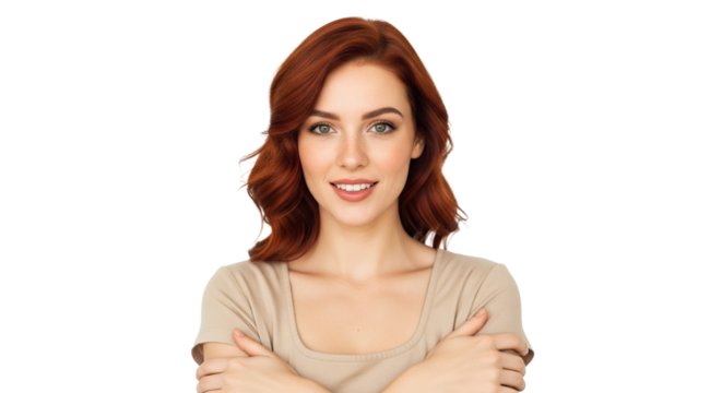 Junge Frau mit leuchtend rotem, welligem Haar, transparenter Hintergrund, PNG