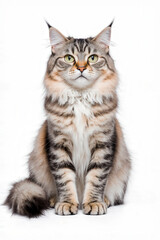 Obraz premium Majestic Maine Coon Cat Posing: A stunning full-body portrait of a Maine Coon cat, known for its luxurious coat and striking appearance, with sharp eyes looking up.