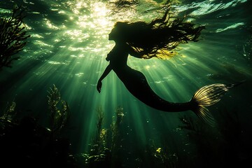 Silhouette Mermaid Swimming Underwater Sunbeam