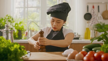Cooking action young chef seasoning vegetables in kitchen culinary art bright environment close-up view for food enthusiasts