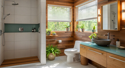 Serene modern bathroom interior featuring warm wood paneling, a tiled walk-in shower, a stone vessel sink, and abundant natural light.