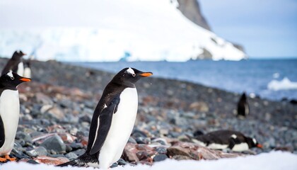 Antarctic penguins on a rocky shore