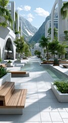 Futuristic Urban Park with Robotic Gardeners and Mountain View