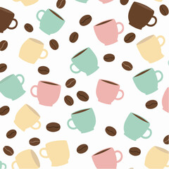Seamless Pattern of Colorful Coffee Cups and Beans