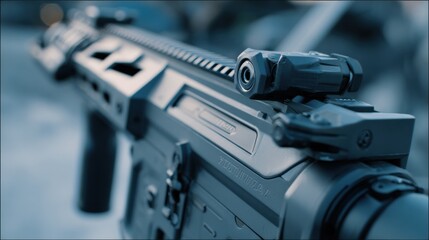 Medium shot emphasizing the streamlined form of a compact nanoUAV launch tube attached to a modular rifle rail with selective focus isolating the cuttingedge tech from a soft